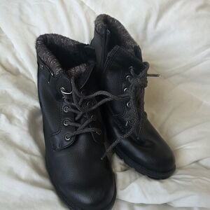 Black Faux Leather Lace-Up Winter Boots with Faux Fur Lining